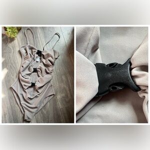 Rare! Andi Bagus Unique Taupe One-Piece Swimsuit Black Side Release buckles S M